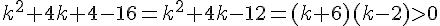 k^2+4k+4-16=k^2+4k-12=(k+6)(k-2)>0